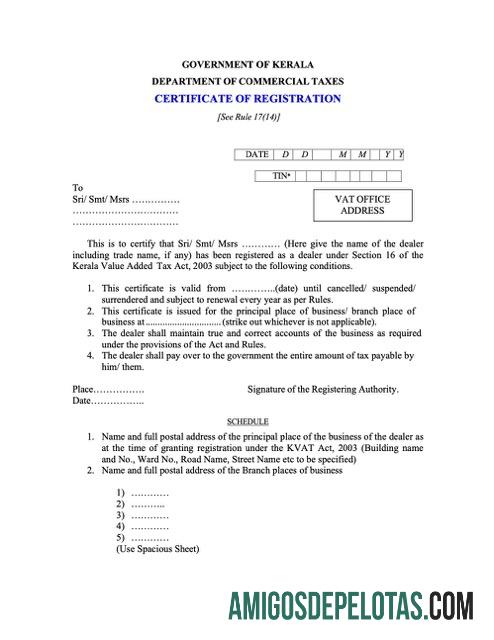 Certificado de registro de Kerala da Índia para download, modelo Word e PDF